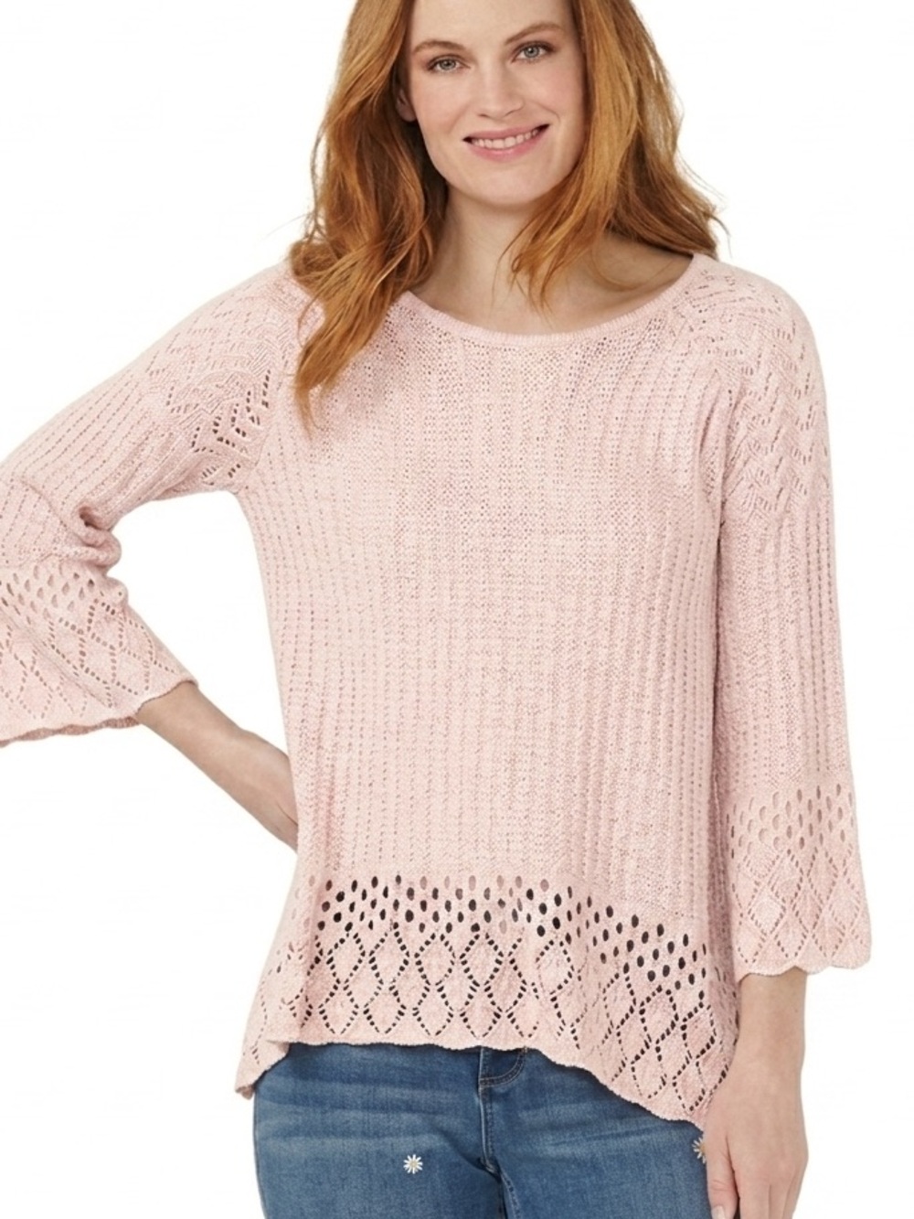 LC Lauren Conrad Soft Pink Open-Knit Bell Sleeve Sweater - Size XS**